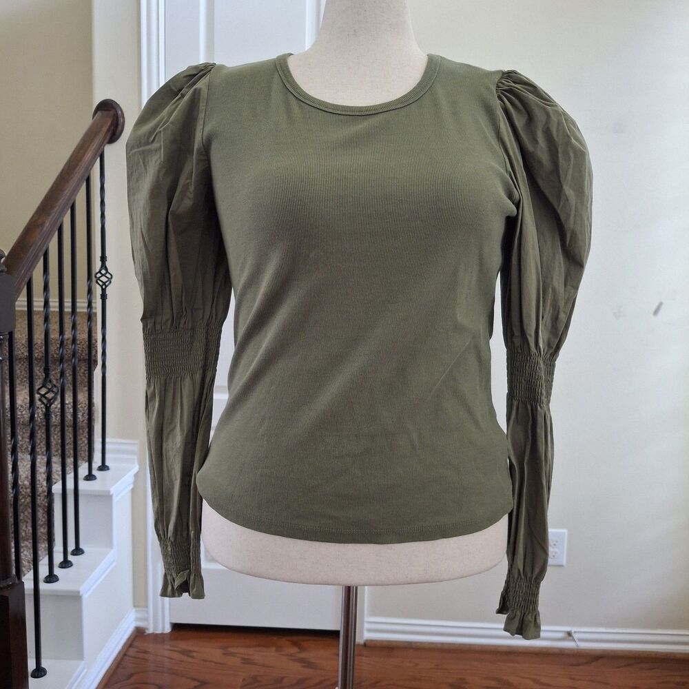 Veronica Beard Fawn Ribbed Puff Sleeve Top Green Women Size XL Mixed Media Goth